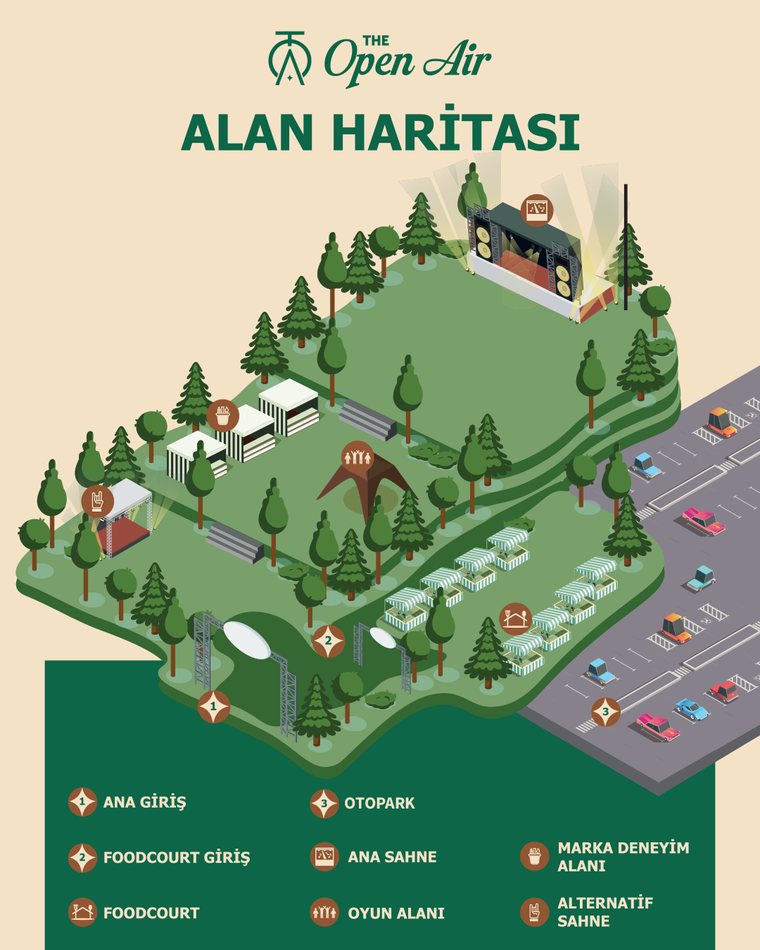 The Open Air alan haritası: ana giriş, foodcourt girişi, otopark, ana sahne, alternatif sahne, oyun alanı, foodcourt ve marka deneyim alanı